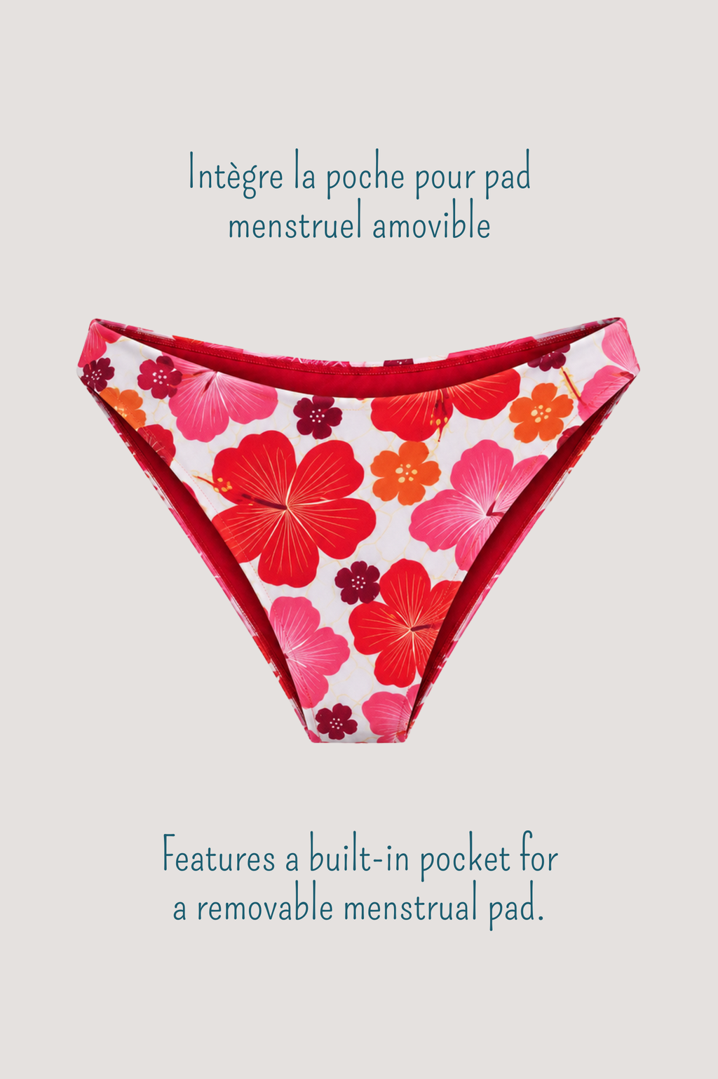 Packshot du bas de maillot menstruel Tiare avec système de pad menstruel aquatique amovible.
