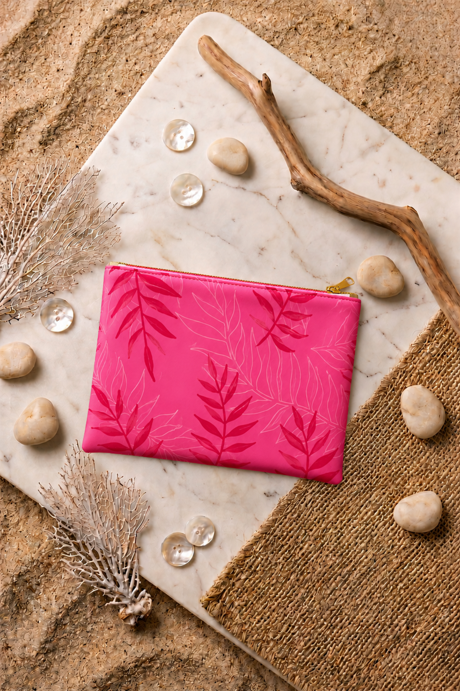Pochette de plage ARU à imprimé feuille tropicale. Réalisée dans la matière de nos maillots de bain, idéale pour ranger pads, maillot et essentiels d'été.