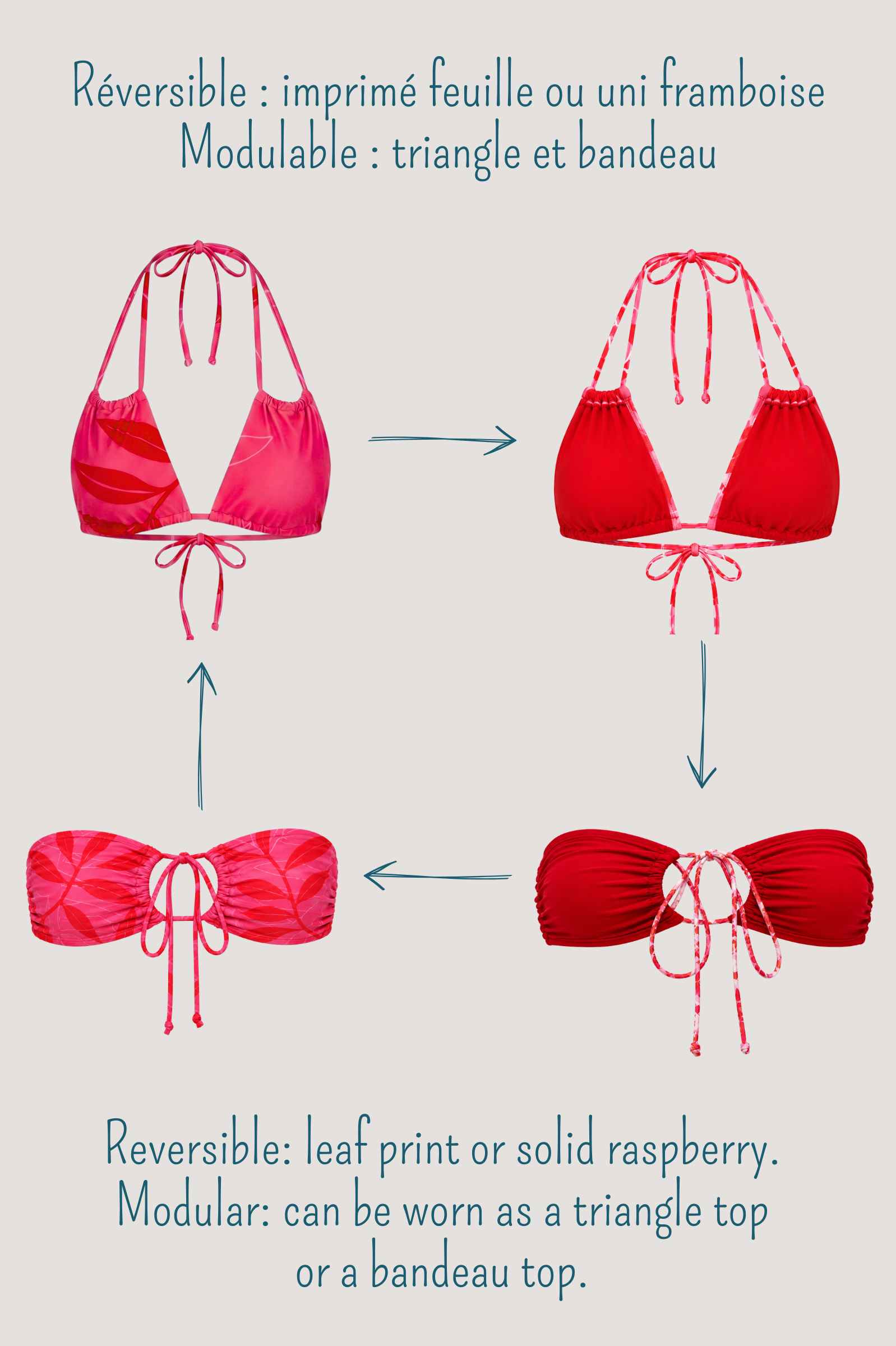 Le haut de maillot Aru réversible et modulable, permettant de le porter aussi bien en triangle qu'en bandeau. Une pièce polyvalente conçue pour varier les styles avec liberté et confort.